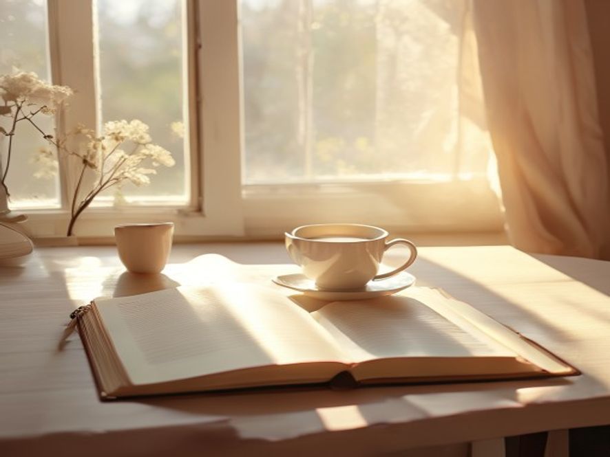 Serene morning workspace with natural light and open notebook